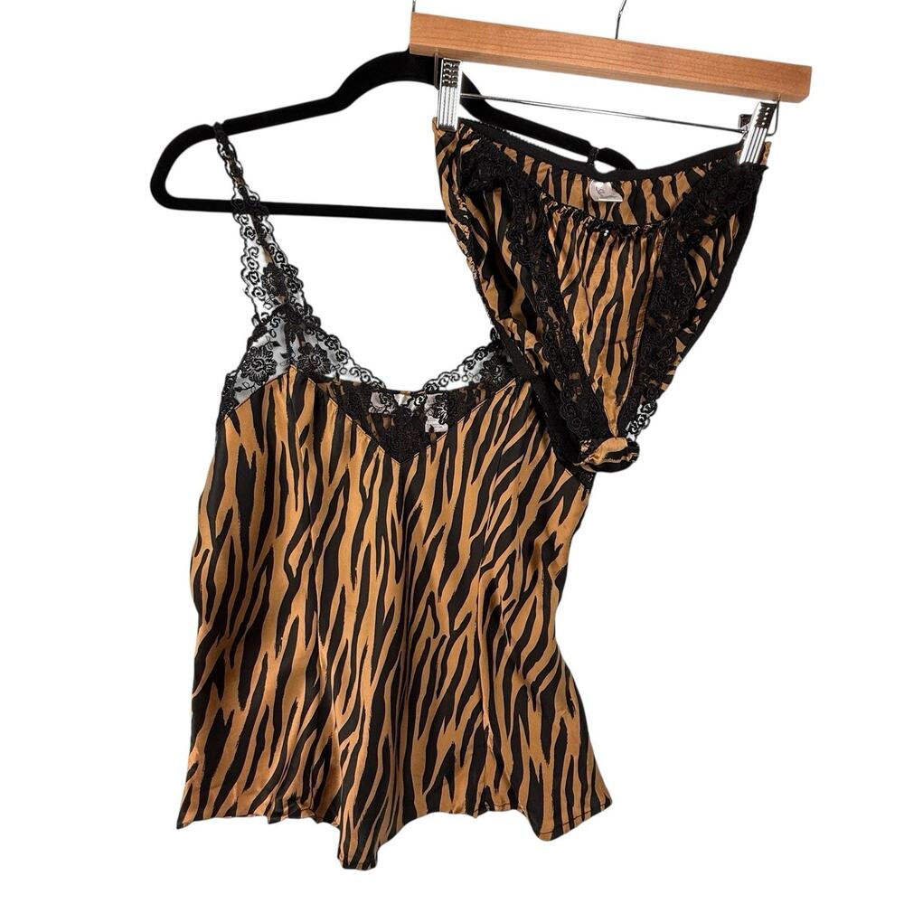 VTG Silkscreen 80s Hi Cut Flutter Panty SIZE LARGE Cami Lingerie Set Tiger Lace